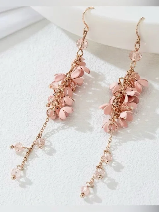 Delicate Pink Petal Cluster Drop Earrings - Picture 2 of 3
